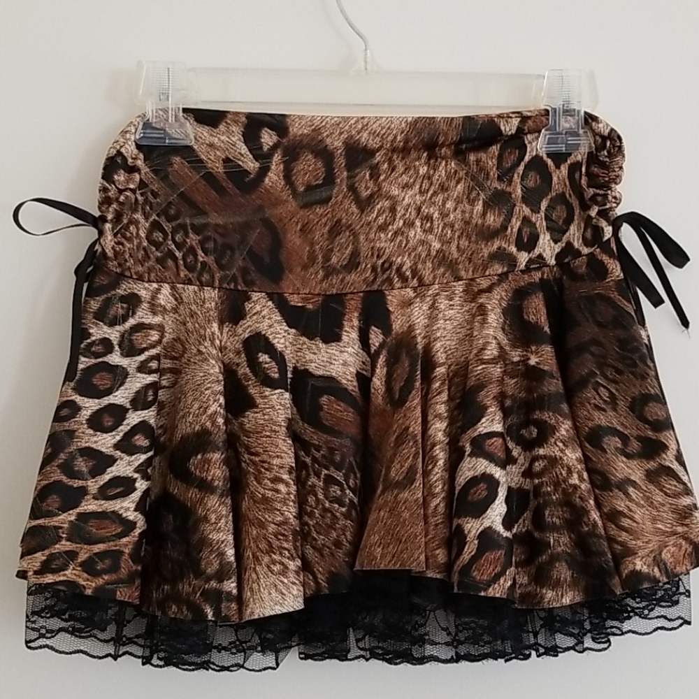 Leopard Brown Tan Print Mini Skirt with Black Ribbons and Lace